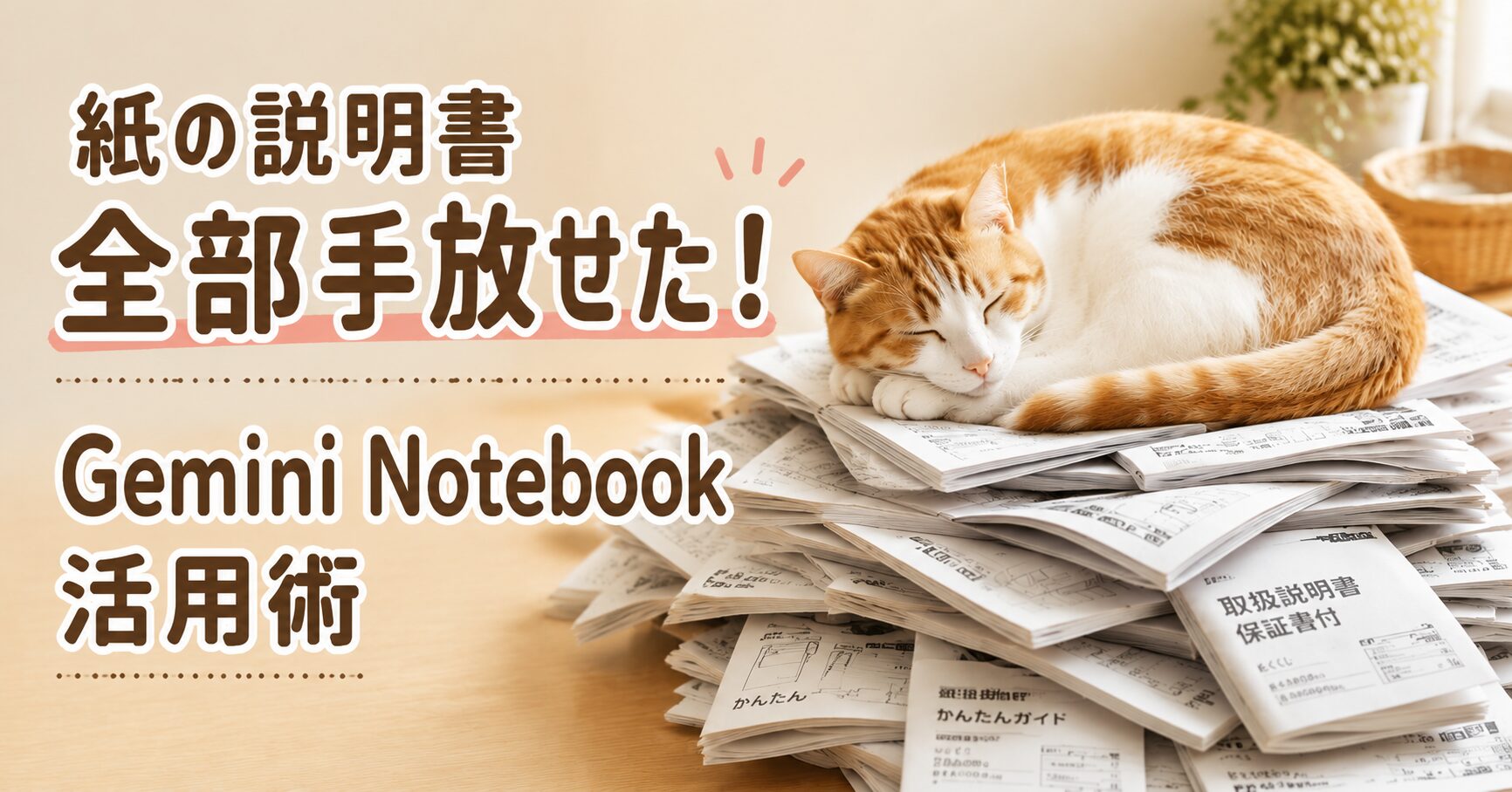 紙の取扱説明書の山の上で眠る猫のイラストと「紙の説明書、全部手放せた！Gemini Notebook活用術」の文字