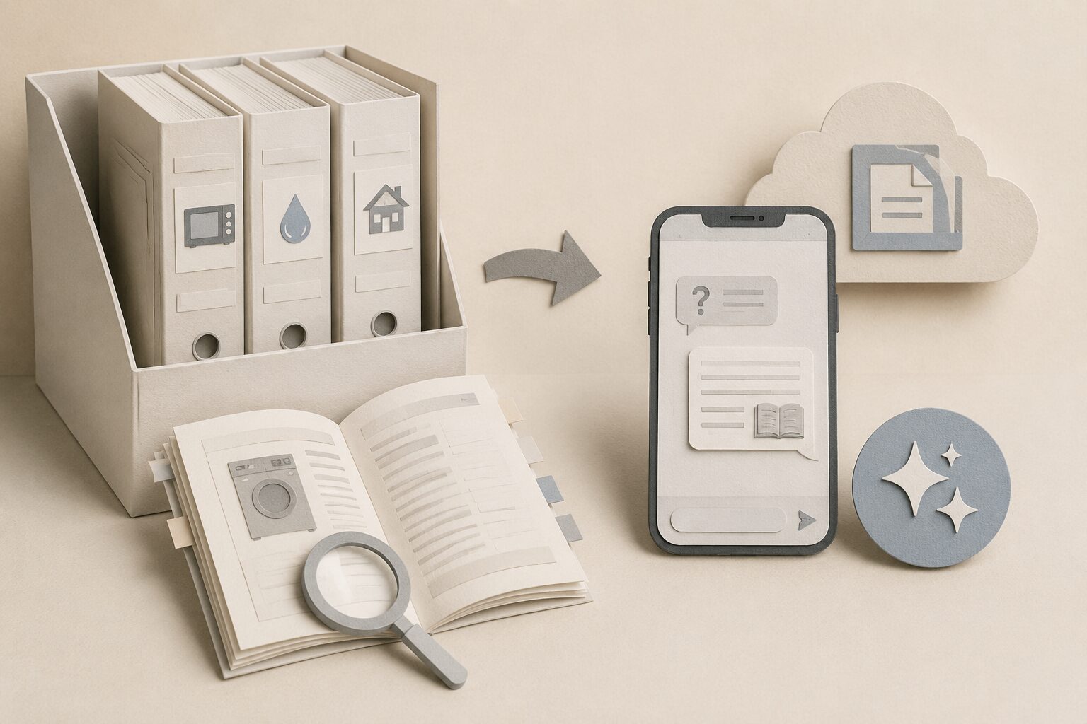 ファイルボックスに詰まった紙の取扱説明書と、スマートフォンで検索する様子を表したイラスト